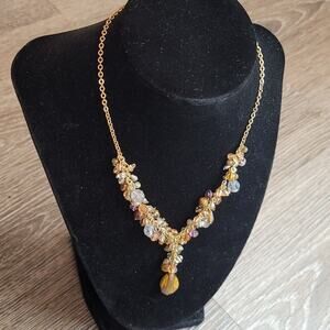 Vtg Avon Tiger's Eye Gold tone Y drop cluster beaded necklace 16" EUC